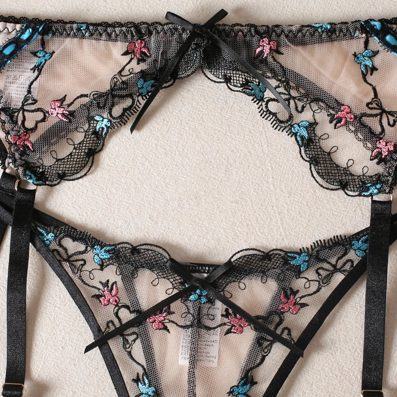See Through Bird Embroidery Lingerie Set