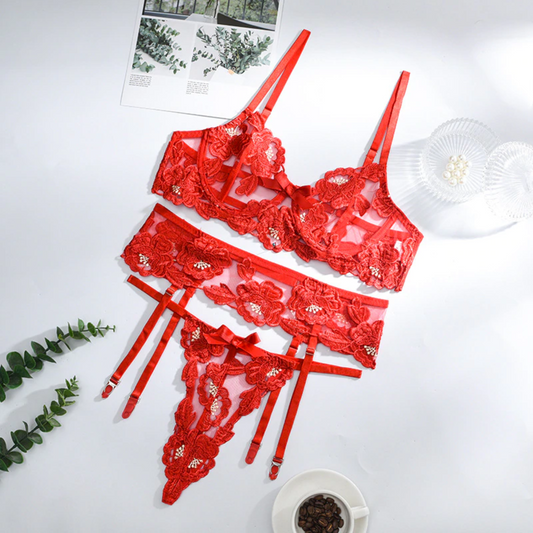 Red Valentine 3-Piece Floral Embroidery French Lingerie Set