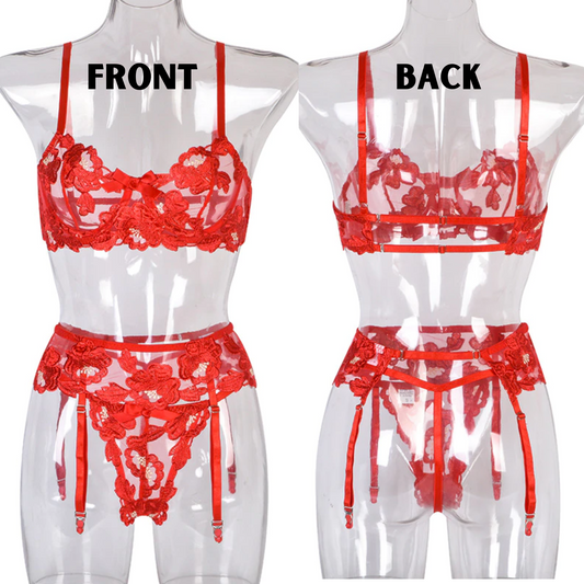 Red Valentine 3-Piece Floral Embroidery French Lingerie Set