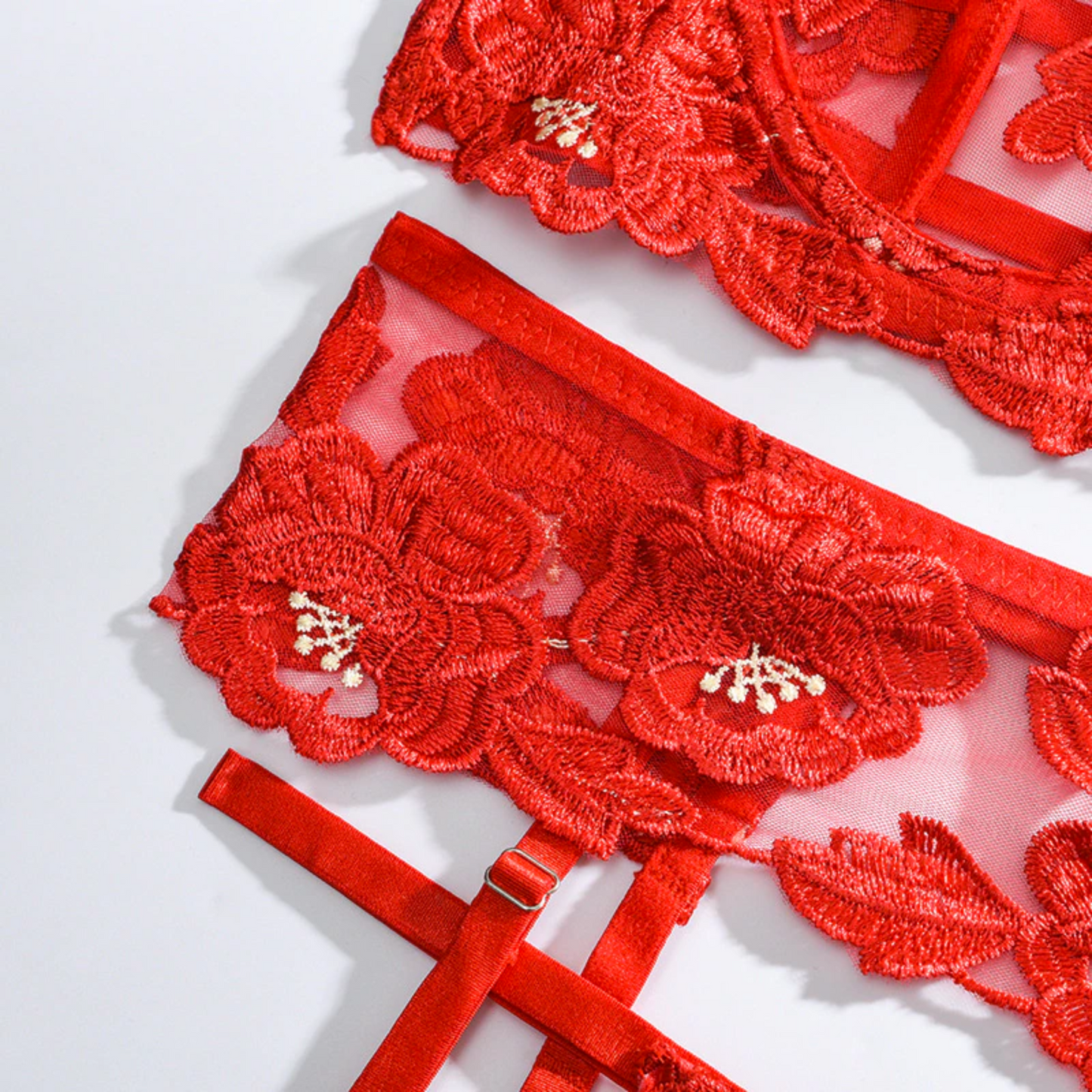 Red Valentine 3-Piece Floral Embroidery French Lingerie Set