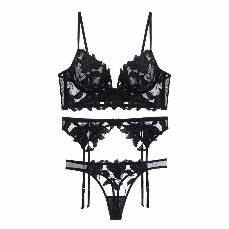 Wedding Lingerie | French Embroidery Deep V Through Lace Bridal Lingerie Set