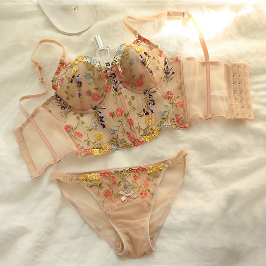 Floral Lace Embroidery Corset Lingerie Set