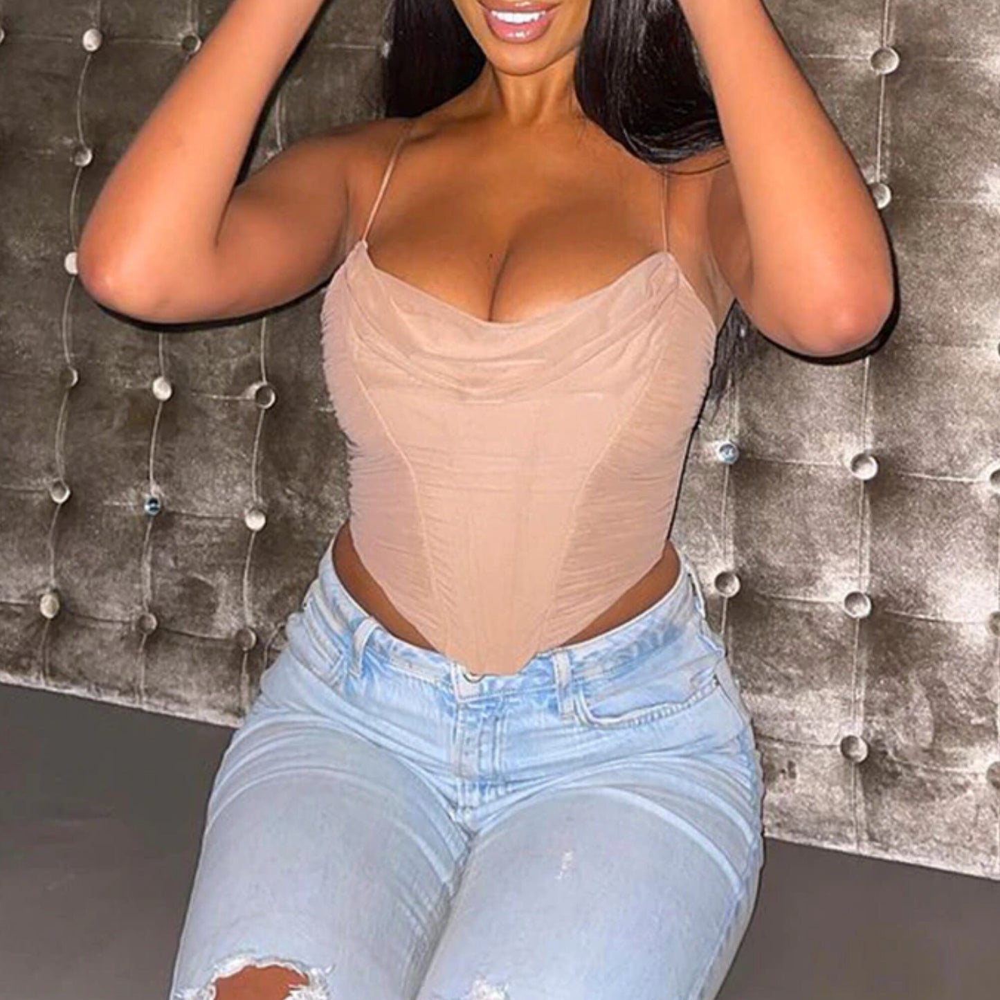 Ruched Bodycon Mesh Corset Tops