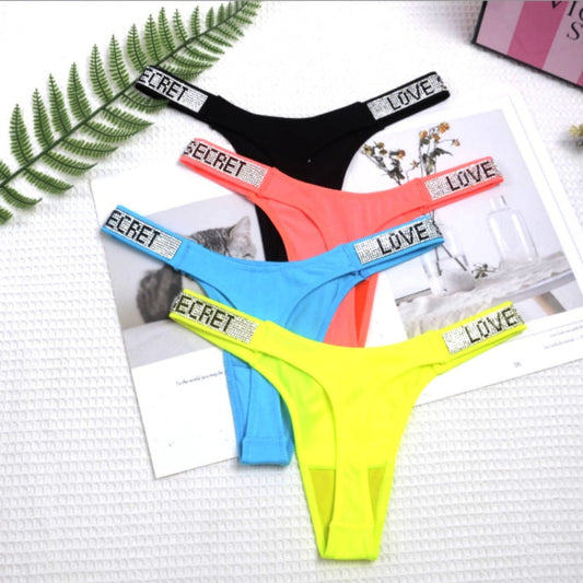 Love Secret Print Neon Rhinestone Strap Low Waist Panties