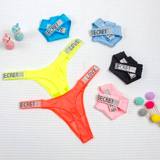 Love Secret Print Neon Rhinestone Strap Low Waist Panties