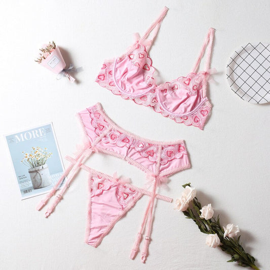 Pink Heart Silky Lace Pink Valentine Lingerie Set