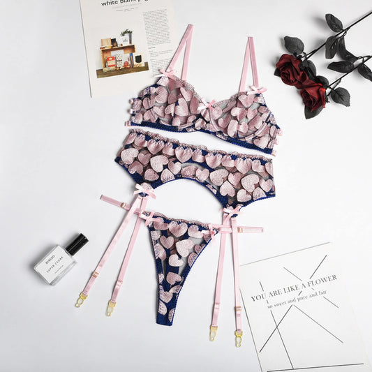 Heart Embroidery Love Bowknot Lingerie Set
