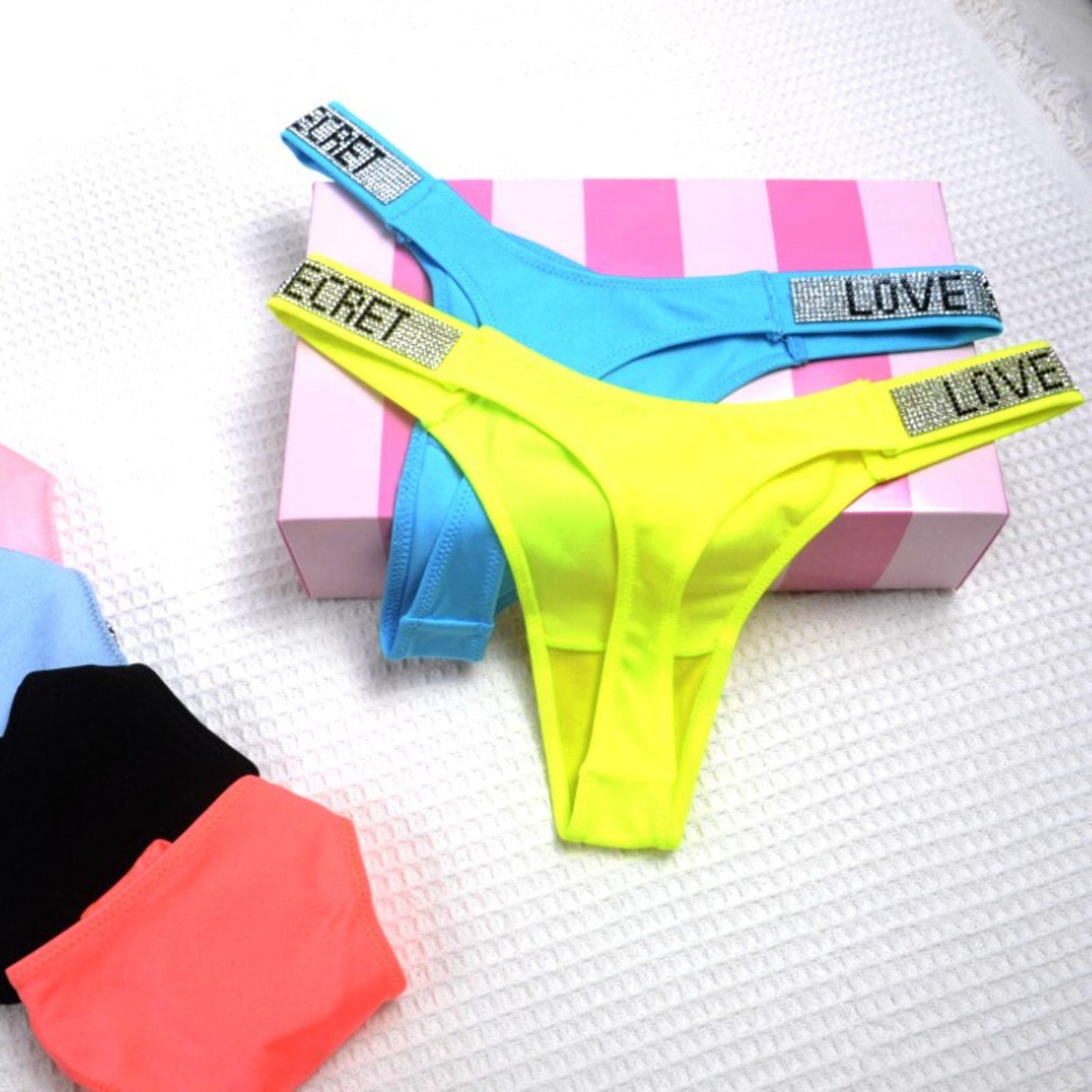 Love Secret Print Neon Rhinestone Strap Low Waist Panties