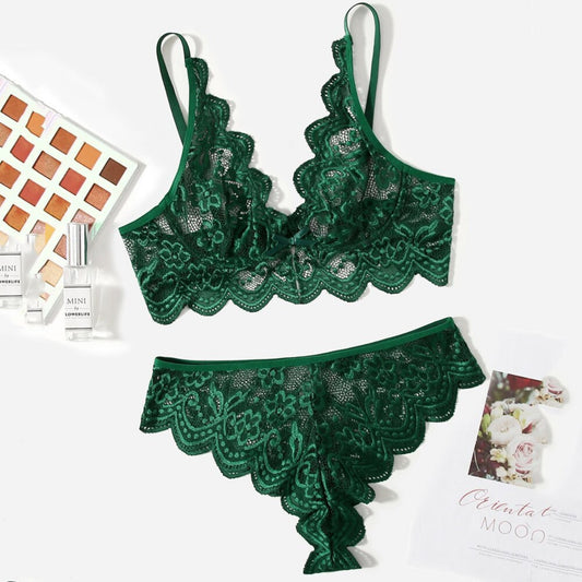 Emerald Green Lace Embroidery Bra and Panty Set