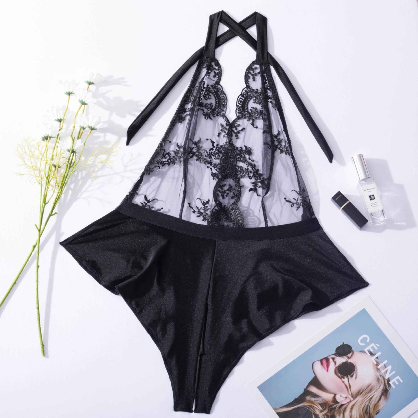 Halter Sheer Lace See Through Silky Bridal Lingerie Bodysuit