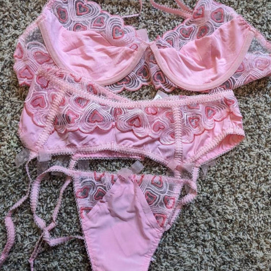 Pink Heart Silky Lace Pink Valentine Lingerie Set