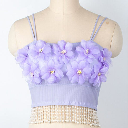 Summer Tops Purple Tassel Faux Pearl/Diamond Beading Knit Tops