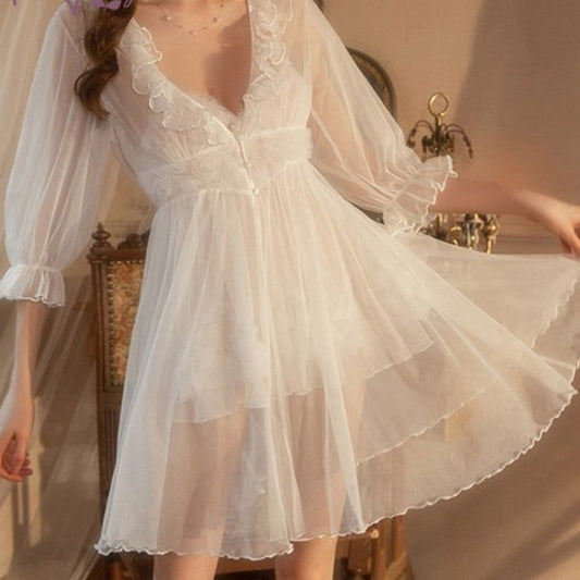 Bridal Wedding Lace Sheer Floral Night Dress Robe Set