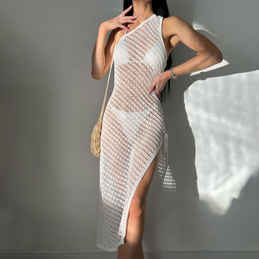 White Knitted One Shoulder Venus Cut Swimsuit Cover Up