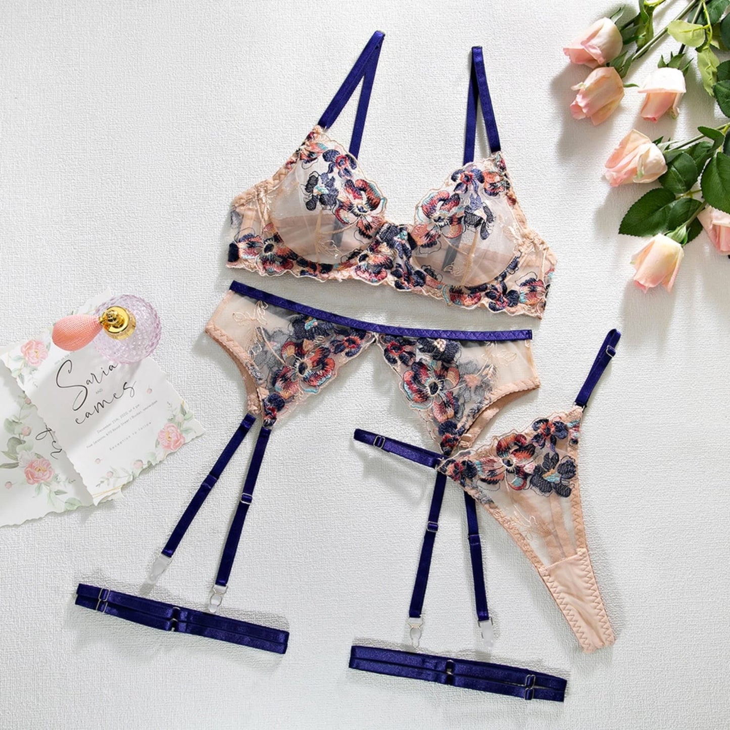 Floral Embroidery Boudoir Lingerie Set