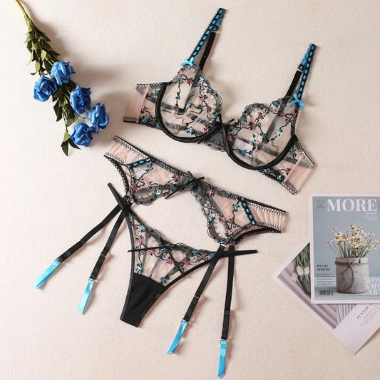 See Through Bird Embroidery Lingerie Set