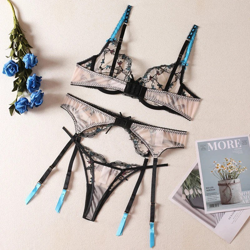 See Through Bird Embroidery Lingerie Set