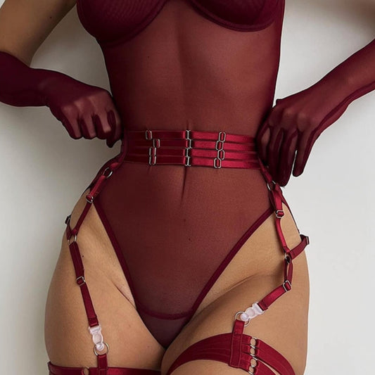 Burgundy See Through Bodysuit With Gloves Garter