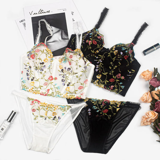 Corset Floral Embroidery Lace Lingerie Set