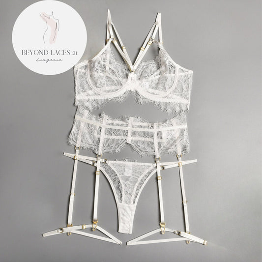 White Eyelash Lace See Through Lingerie Set Bridal Lingerie Wedding Night