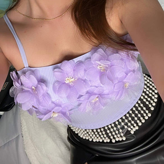 Summer Tops Purple Tassel Faux Pearl/Diamond Beading Knit Tops