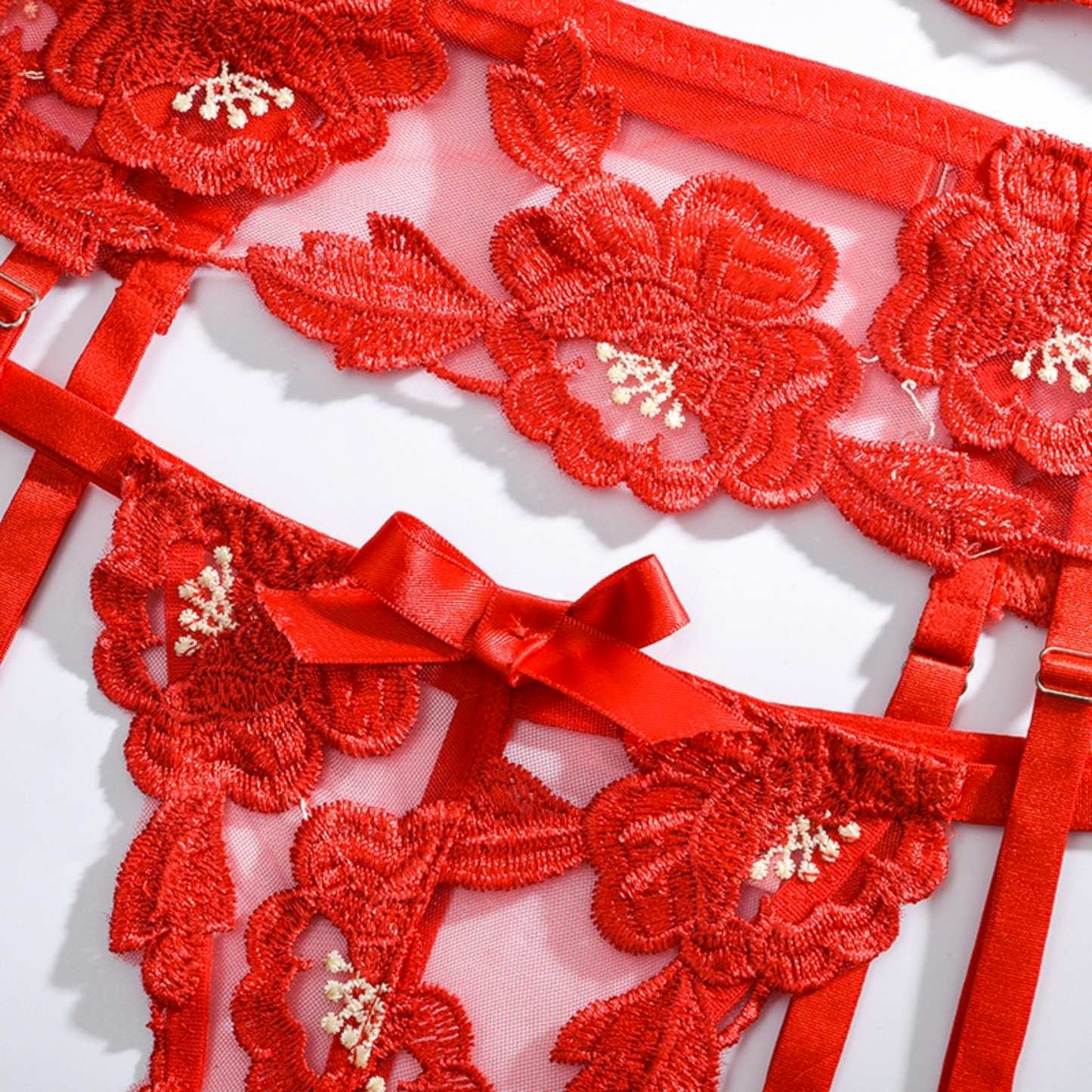 Red Valentine 3-Piece Floral Embroidery French Lingerie Set
