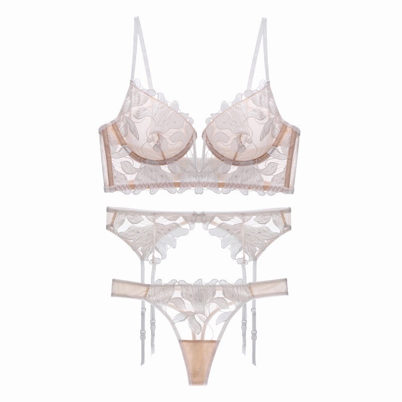 Wedding Lingerie | French Embroidery Deep V Through Lace Bridal Lingerie Set