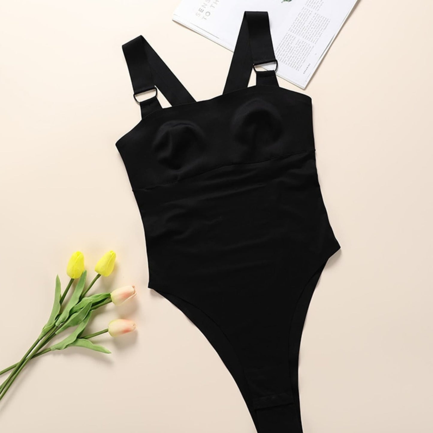 Women Crotch Snap Black Bodysuit