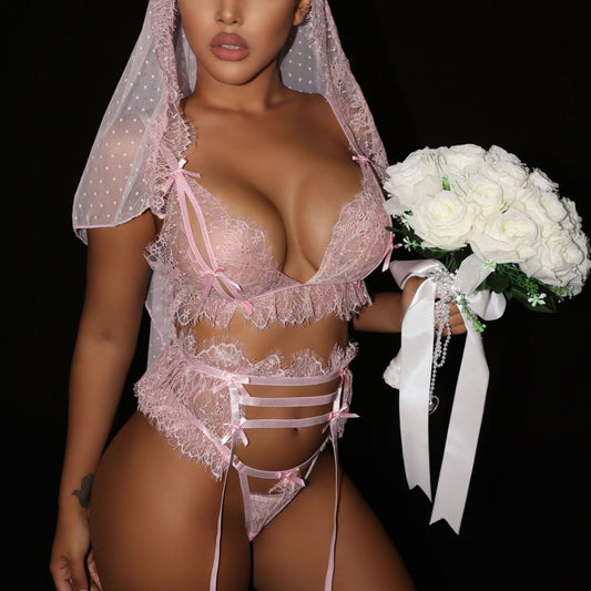 Eyelash Lace Veil Wedding Lingerie Set