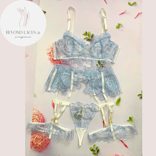 Wedding Lingerie Light Blue 4Piece Fairy French Embroidery
